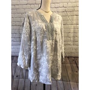 Biden Gray And White Long Sleeve Linen Blouse